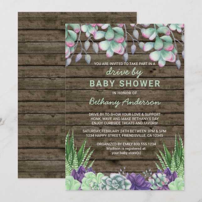 Invitación Impulso De Baby Shower Rustic Succults (Anverso / Reverso)