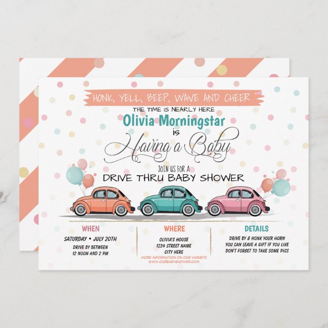 Invitación Impulso De Coral Festividad Por Baby Shower Parade (Anverso / Reverso)