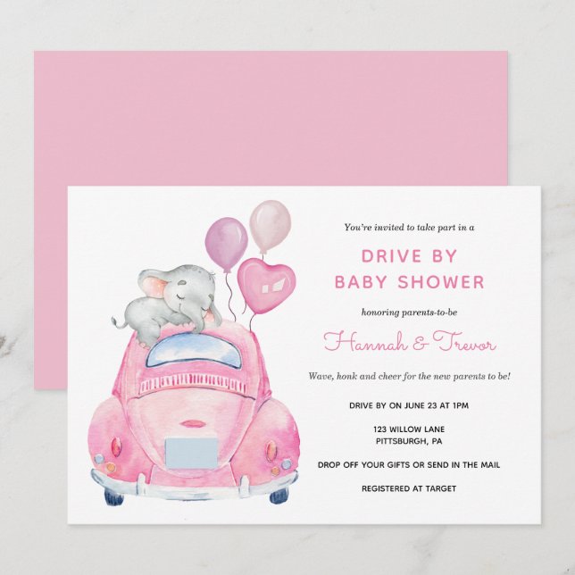 Invitación Impulso De Elefantes Por Bebé Chica Shower (Anverso / Reverso)