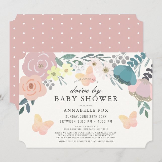 Invitación Impulso de flores y mariposas rosadas por Baby Sho (Anverso / Reverso)