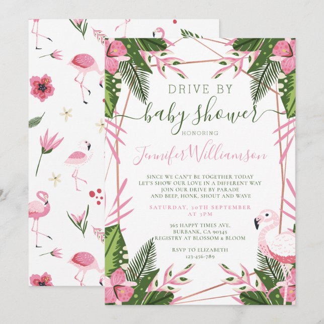 Invitación Impulso Flamingo Tropical Por Baby Shower (Anverso / Reverso)
