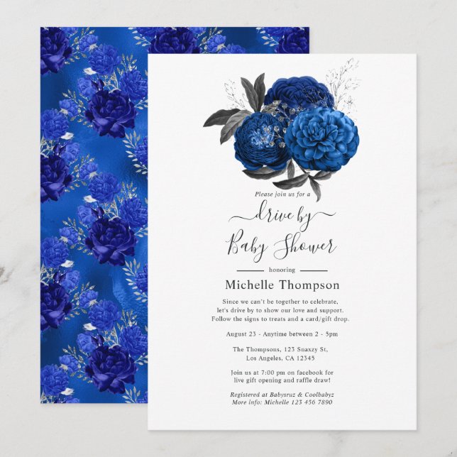 Invitación Impulso floral real azul y plateado por ducha (Anverso / Reverso)