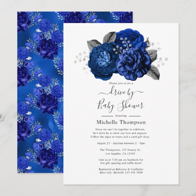 Invitación Impulso floral real azul y plateado por ducha (Anverso / Reverso)