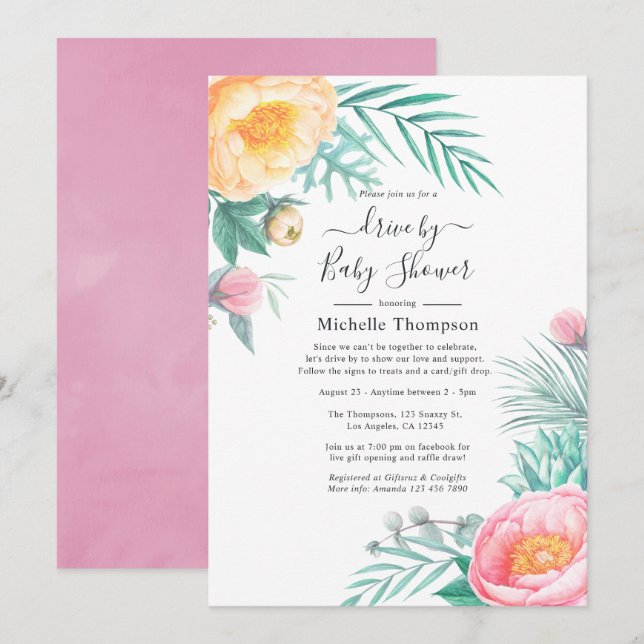 Invitación Impulso Floral Tropical Pastel Por Ducha (Anverso / Reverso)