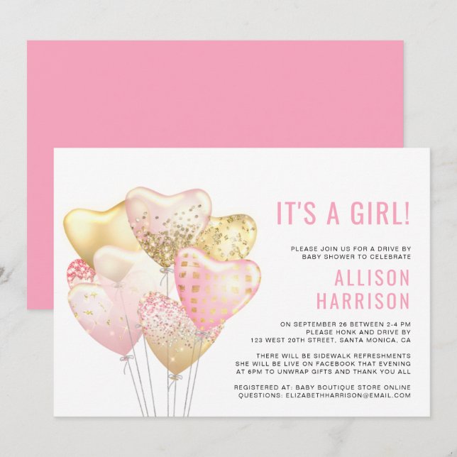 Invitación Impulso por globo de Purpurina rosado de Baby Girl (Anverso / Reverso)