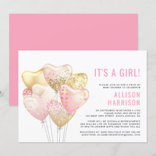 Invitación Impulso por globo de Purpurina rosado de Baby Girl