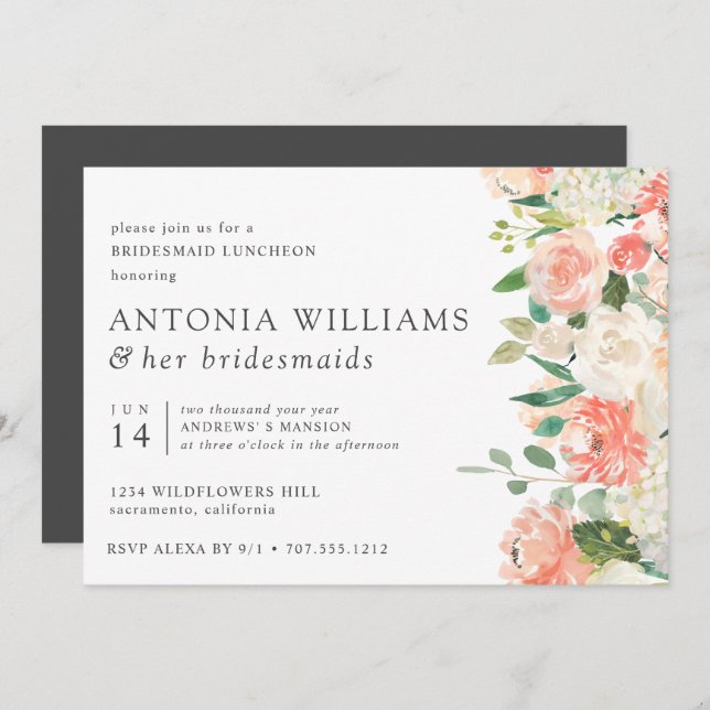 Invitación IN Bloom Floral Peach Pink Bridesmaid Luncheon (Anverso / Reverso)