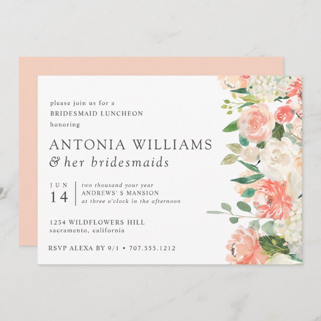 Invitación IN Bloom Floral Peach Pink Bridesmaid Luncheon (Anverso / Reverso)