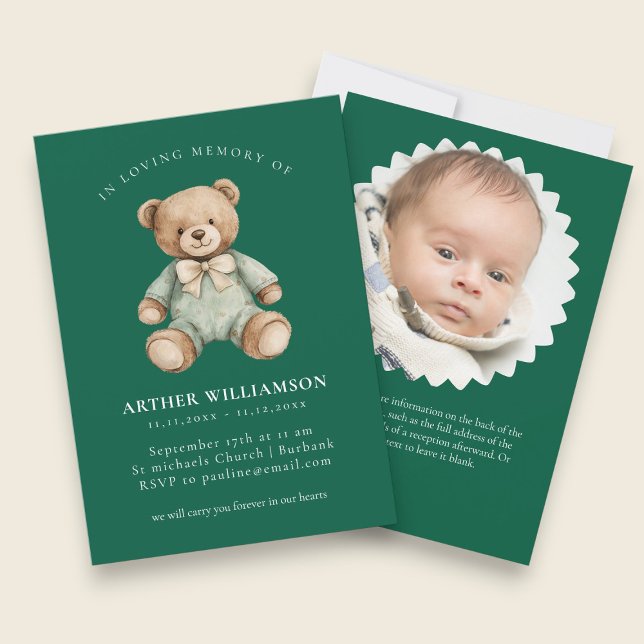 Invitación In loving memory green teddy child funeral  (Subido por el creador)