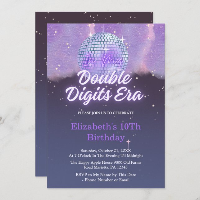 Invitación In My Double Digits Era 10th Birthday Disco Ball (Anverso / Reverso)
