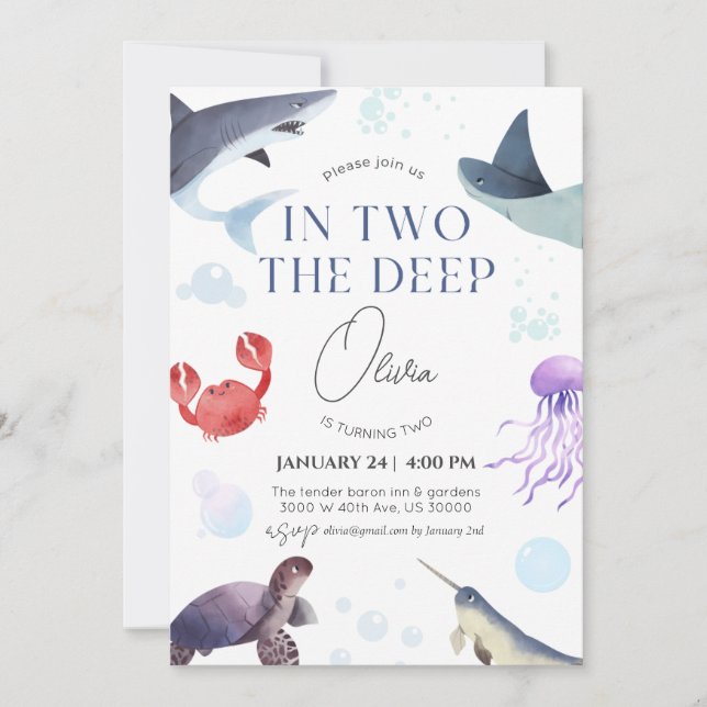 Invitación In two the deep, ocean, underwater 2nd birthday  (Anverso)