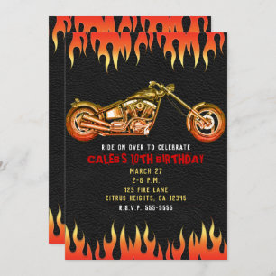 Invitación Incendio rojo y Naranja llama a motocicleta Cumple