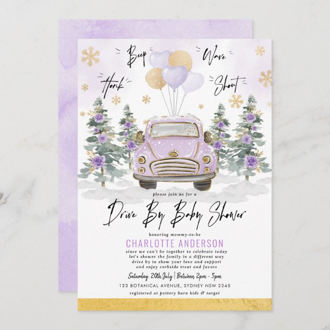 Invitación Incentivo Floral Purple Gold De Baby Shower (Anverso / Reverso)