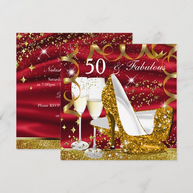 Invitación Increíble fiesta de 50 brillo dorado tacón rojo gl (Anverso / Reverso)