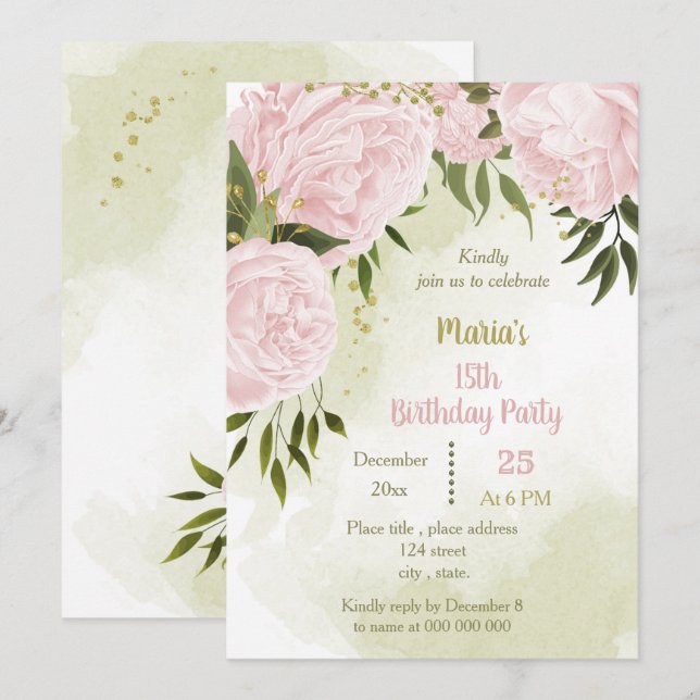 Invitación increíble fiesta de cumpleaños de flores rosadas v (Anverso / Reverso)