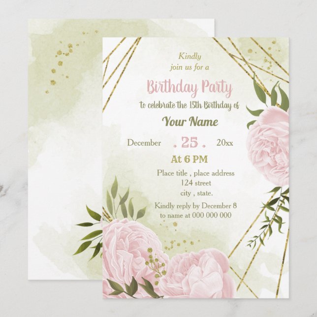 Invitación increíble fiesta de cumpleaños de flores rosadas v (Anverso / Reverso)