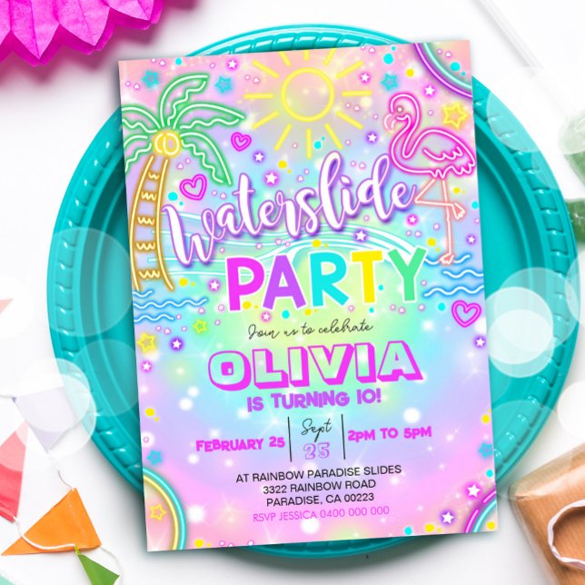 Invitación Incursión de deslizamiento de agua del arco iris d (Neon Waterslide Party Invitation)