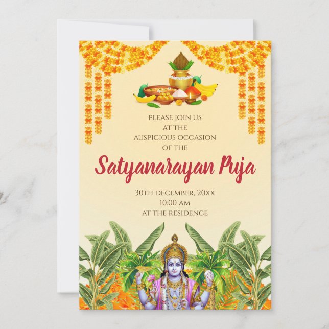 Invitación india a la pooja Satyanarayan katha (Anverso)
