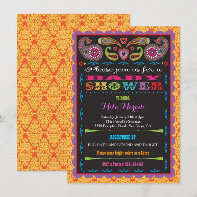 Invitación India: Baby Shower inspirado por Bollywood (Anverso / Reverso)