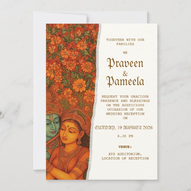 Invitación india con pintura mural de Radhakrishna (Anverso)