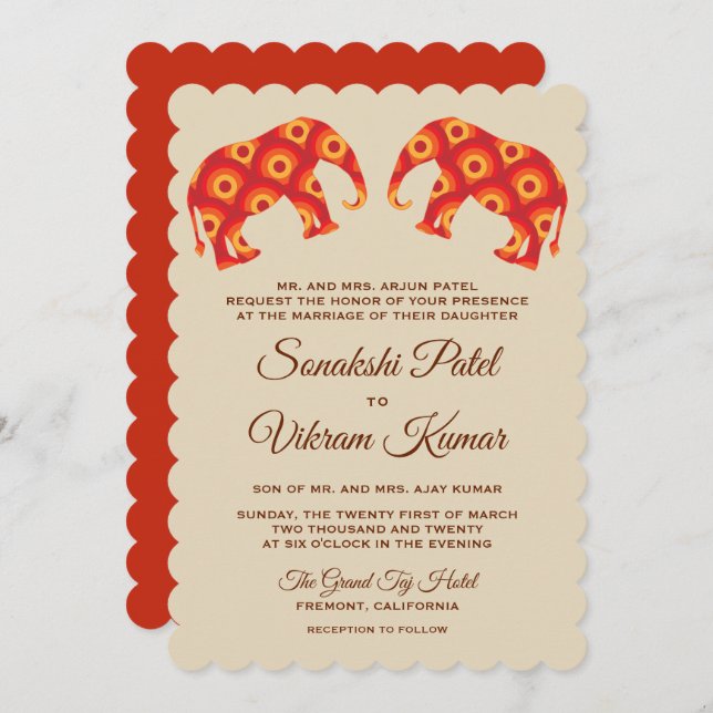 Invitación india de la boda de los elefantes (Anverso / Reverso)