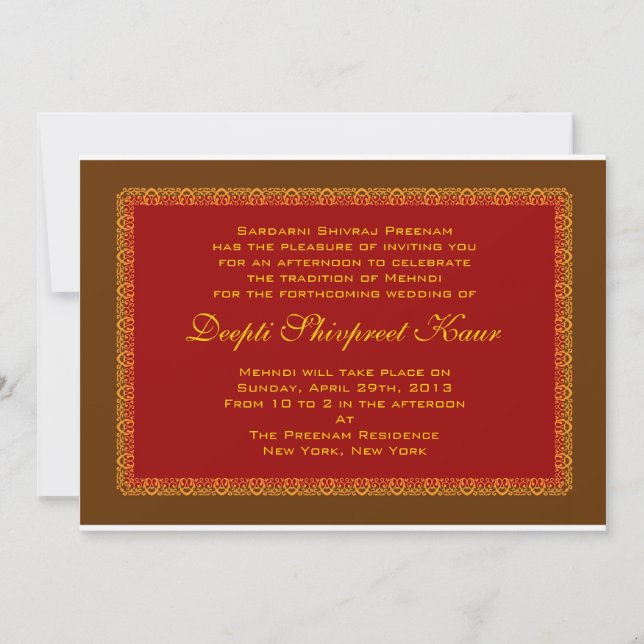Invitación india musulmán hindú Mehndi de la boda (Anverso)