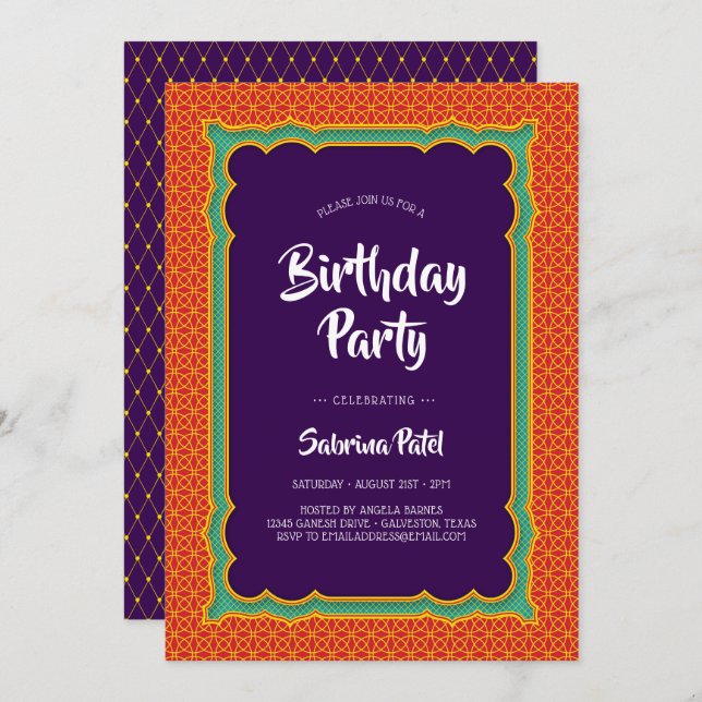 Invitación India Patterns Birday Party 3 (Anverso / Reverso)