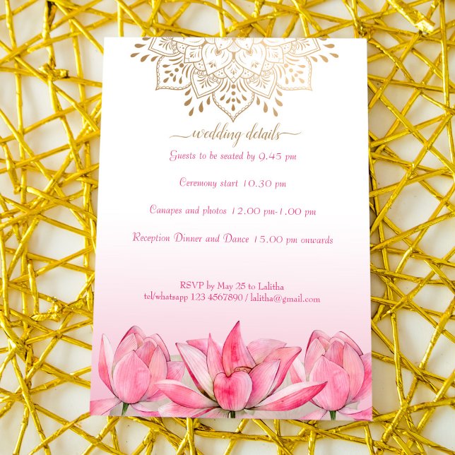 Invitación Indian wedding details RSVP lotus gold mandala (Subido por el creador)