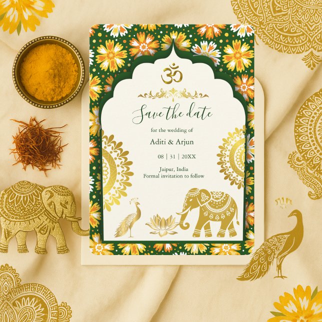 Invitación Indian Wedding Save the Date – Emerald ivory Gold  (Subido por el creador)