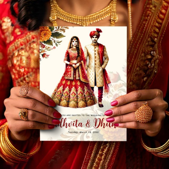 Invitación Indian Wedding with Traditional Bride & Groom (Indian Wedding with Traditional Bride & Groom Invitation, Hindu Wedding Card)