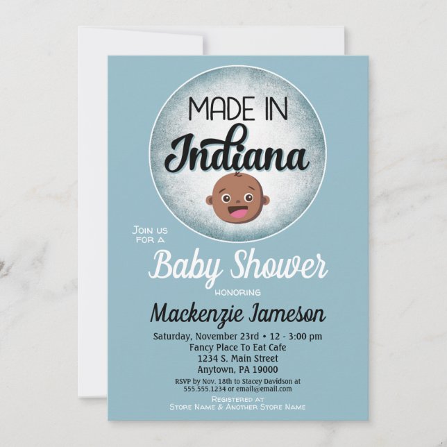 Invitación Indiana Baby Shower bebé azul afroamericano (Anverso)