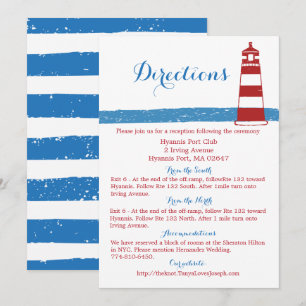 Invitación Indicaciones de boda rojo náutico Faro Azul