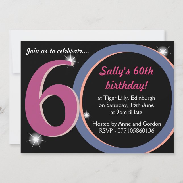 Invitación Indignada Fiesta de Aniversario 60º, Rosa y Azul (Anverso)