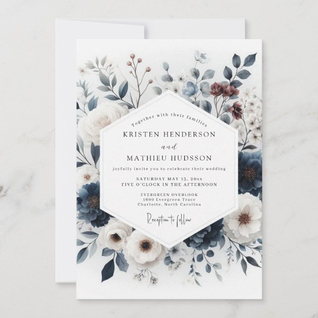 Invitación Indigo Artful Bouquet Wedding (Anverso)