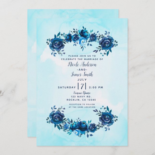 Invitación Indigo azul acuarela Flores Boda Floral (Anverso / Reverso)