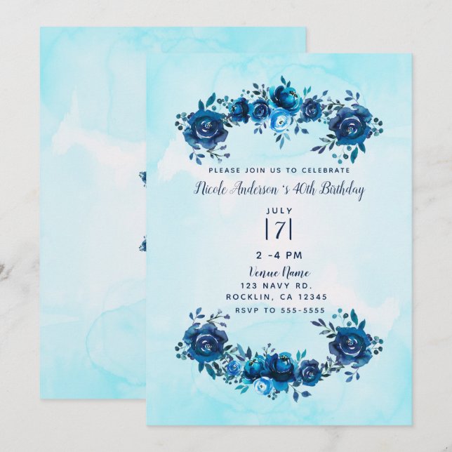Invitación Indigo azul acuarela ruidosa floral cumpleaños (Anverso / Reverso)