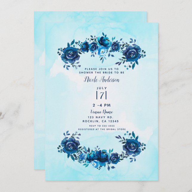 Invitación Indigo azul acuarela Rusa Floral Bridal Ducha (Anverso / Reverso)