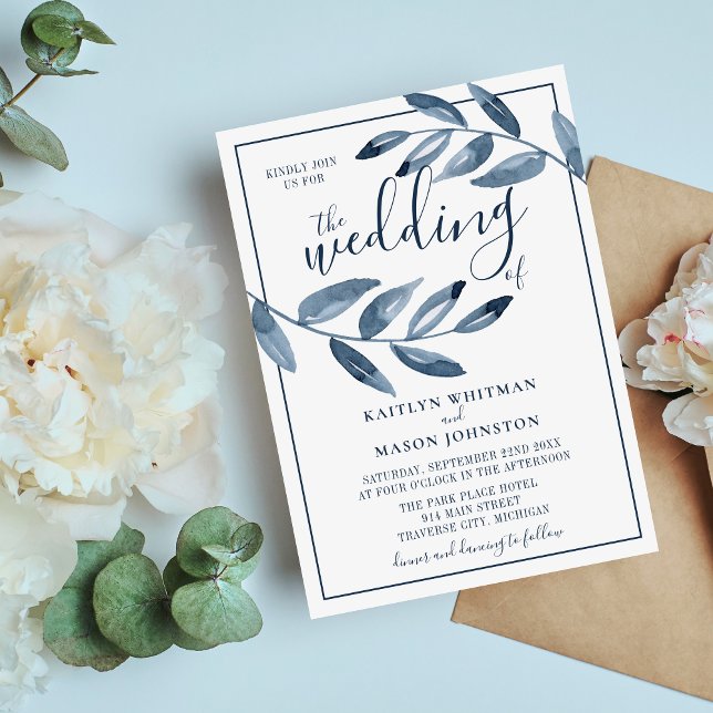 Invitación Indigo Bliss Watercolor Leaf Branch Boda (Subido por el creador)