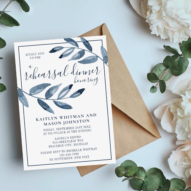 Invitación Indigo Bliss Watercolor Leaf Ensayo Cena (Subido por el creador)