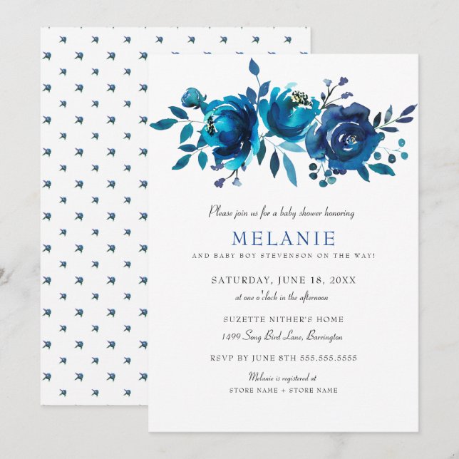 Invitación Indigo Blue Floral Baby Shower (Anverso / Reverso)