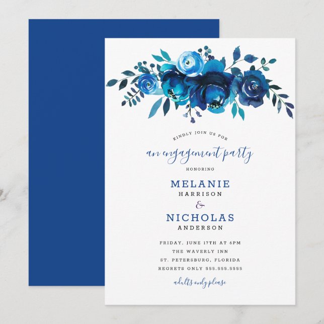 Invitación Indigo Blue Floral Drop Engagement Party (Anverso / Reverso)