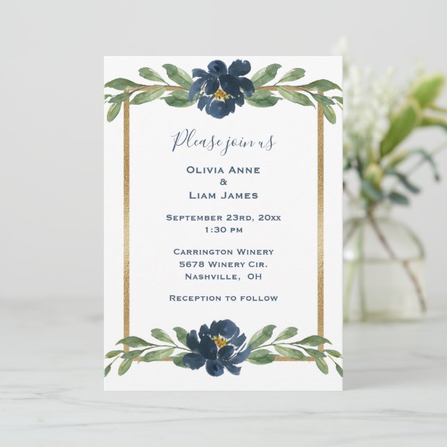Invitación Indigo Blue Floral Elegant Gold Boda (Anverso de pie)