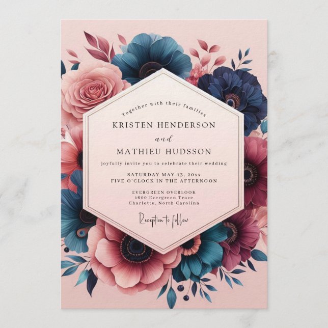 Invitación Indigo Blush Painterly Bloom Wedding (Anverso)