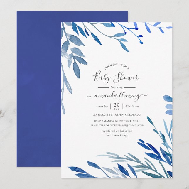 Invitación Indigo de la marina acuarela deja Baby Shower (Anverso / Reverso)