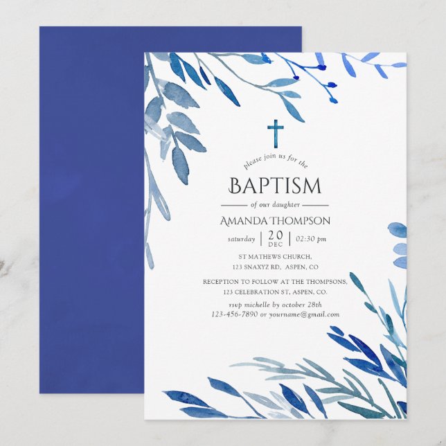 Invitación Indigo de marina acuarela deja bautismo (Anverso / Reverso)