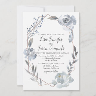 Invitación Indigo Dusty Blue Floral Boda Geométrica Invite
