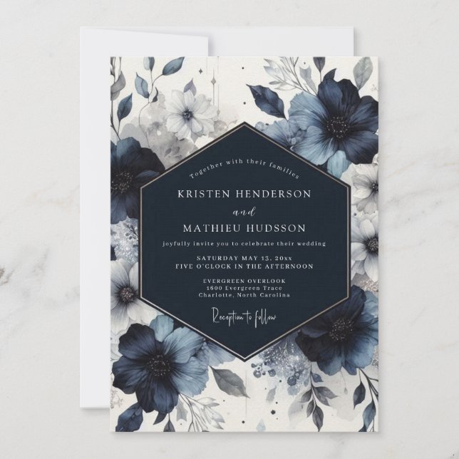 Invitación Indigo Floral Moody Romance Wedding (Anverso)