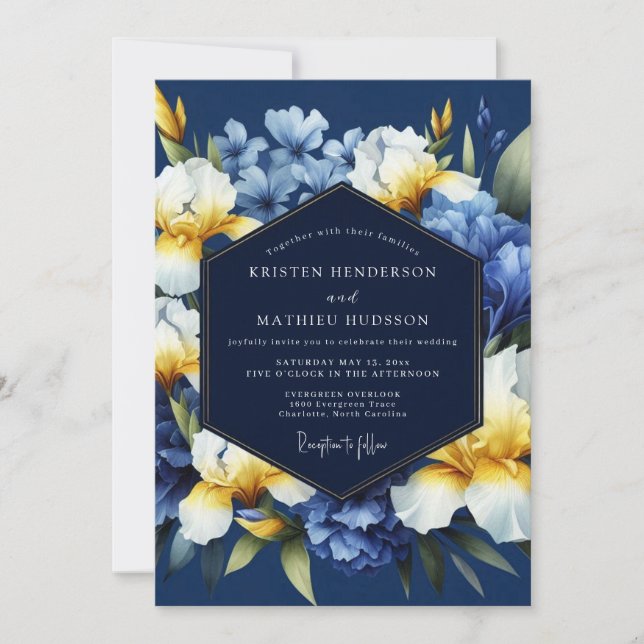 Invitación Indigo Golden Iris Bloom Wedding (Anverso)