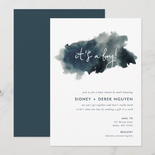 Invitación Indigo Ink Wash Boy Baby Shower por correo (Anverso / Reverso)