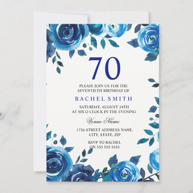 Invitación Indigo Midnight Blue Floral 70th Birthday Invite (Anverso)